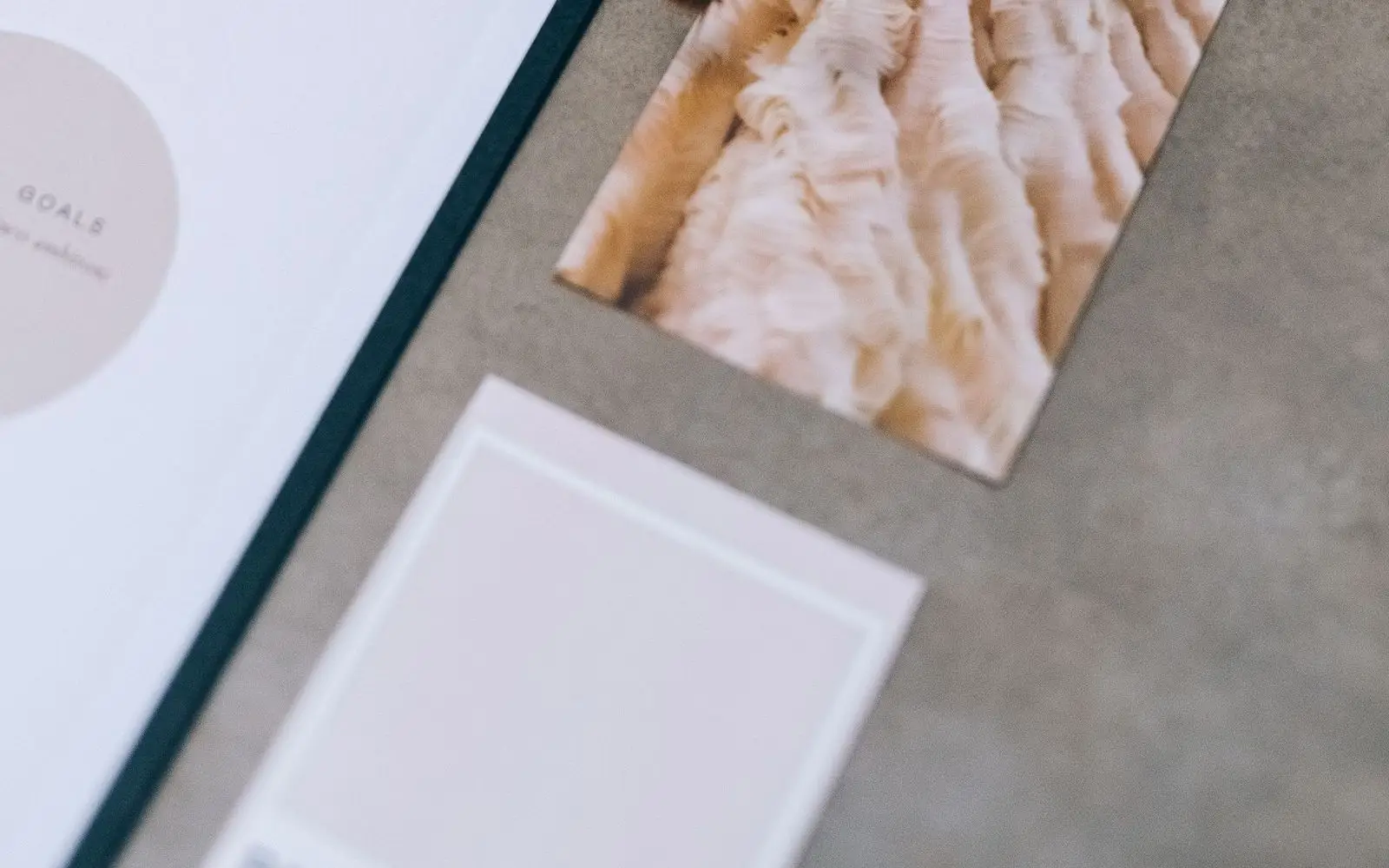 Printed brand board beside a photo card and a blank color card on a grey table