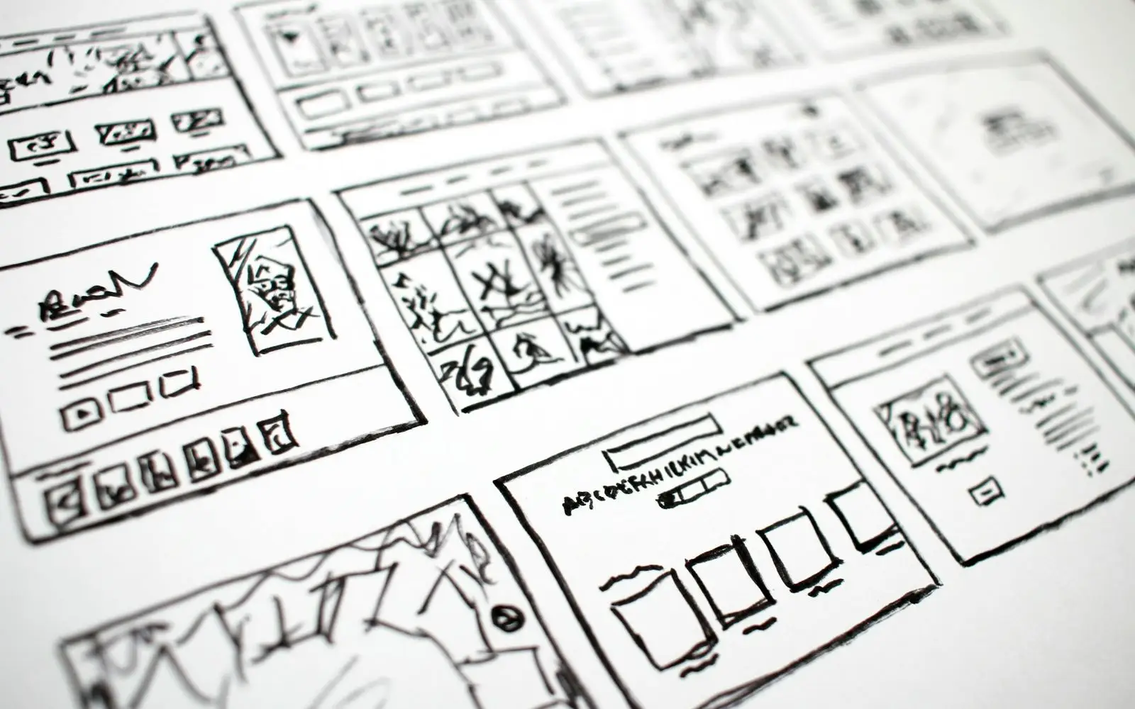 Pages of hand-drawn layout thumbnails with boxes for headlines, images and text